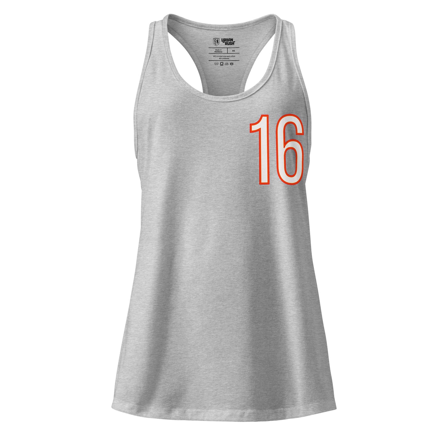 Gray tank top with red number 16 on a white background