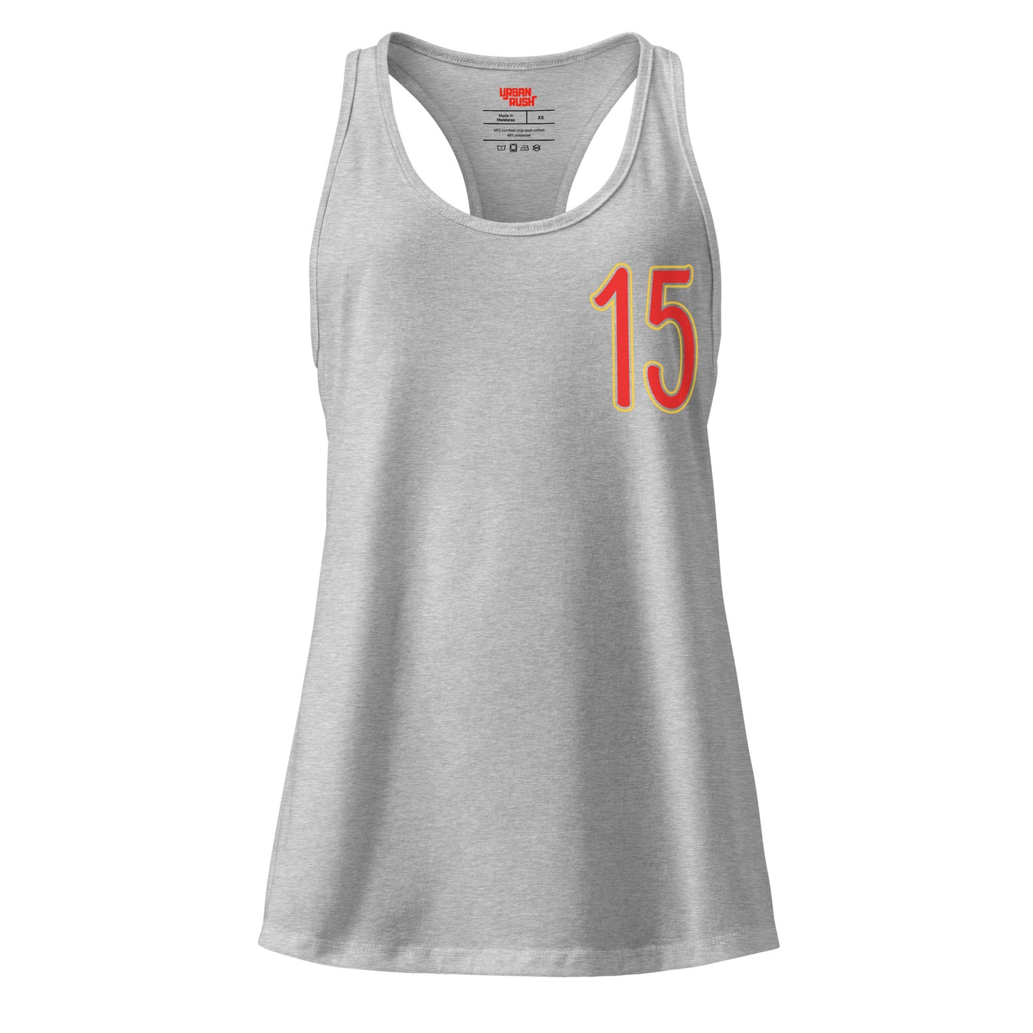 Gray tank top with red number 15 on a white background