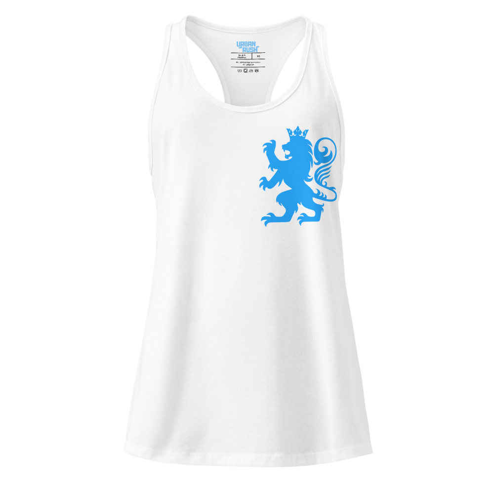 White tank top with a blue lion graphic on a white background