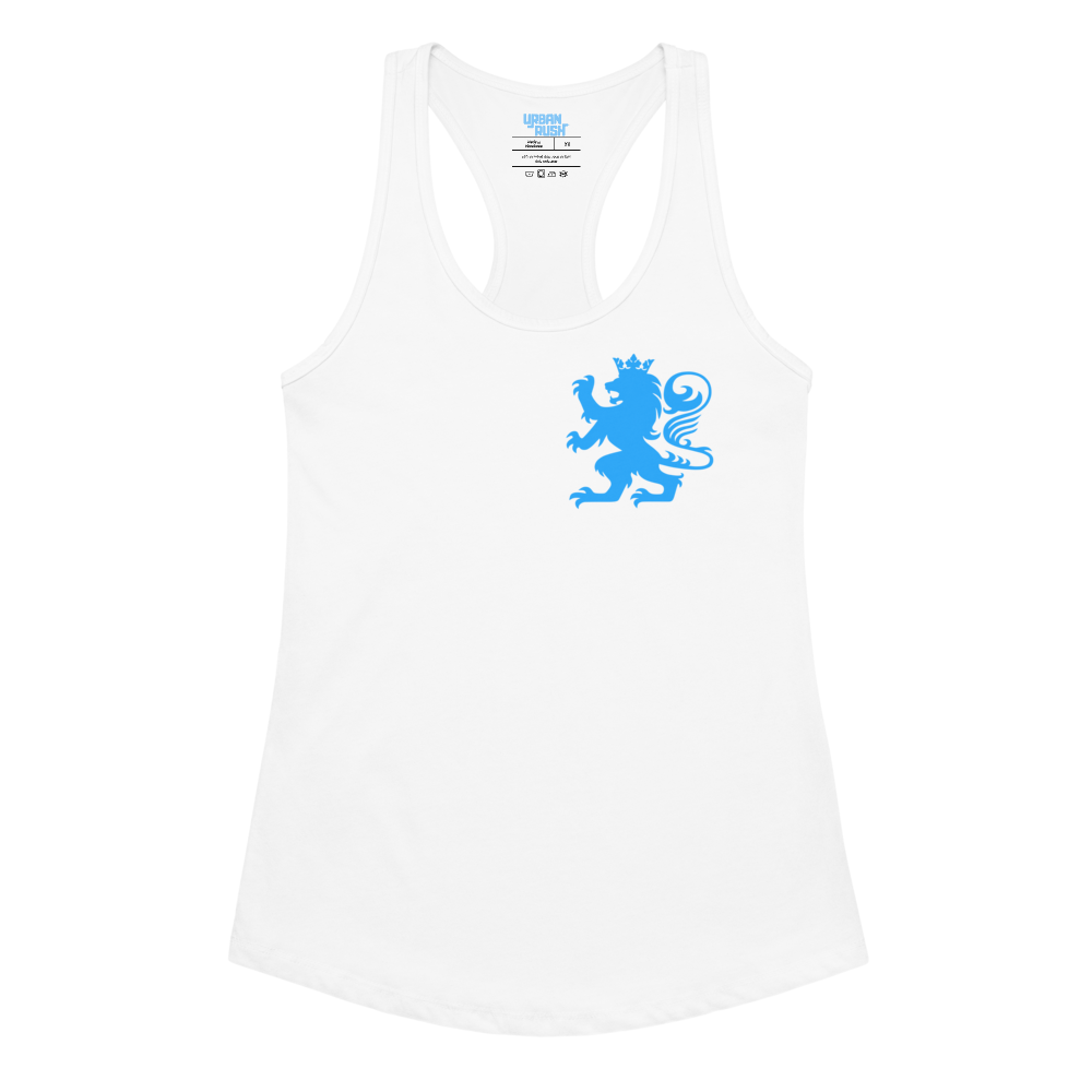 White tank top with blue lion graphic on a white background