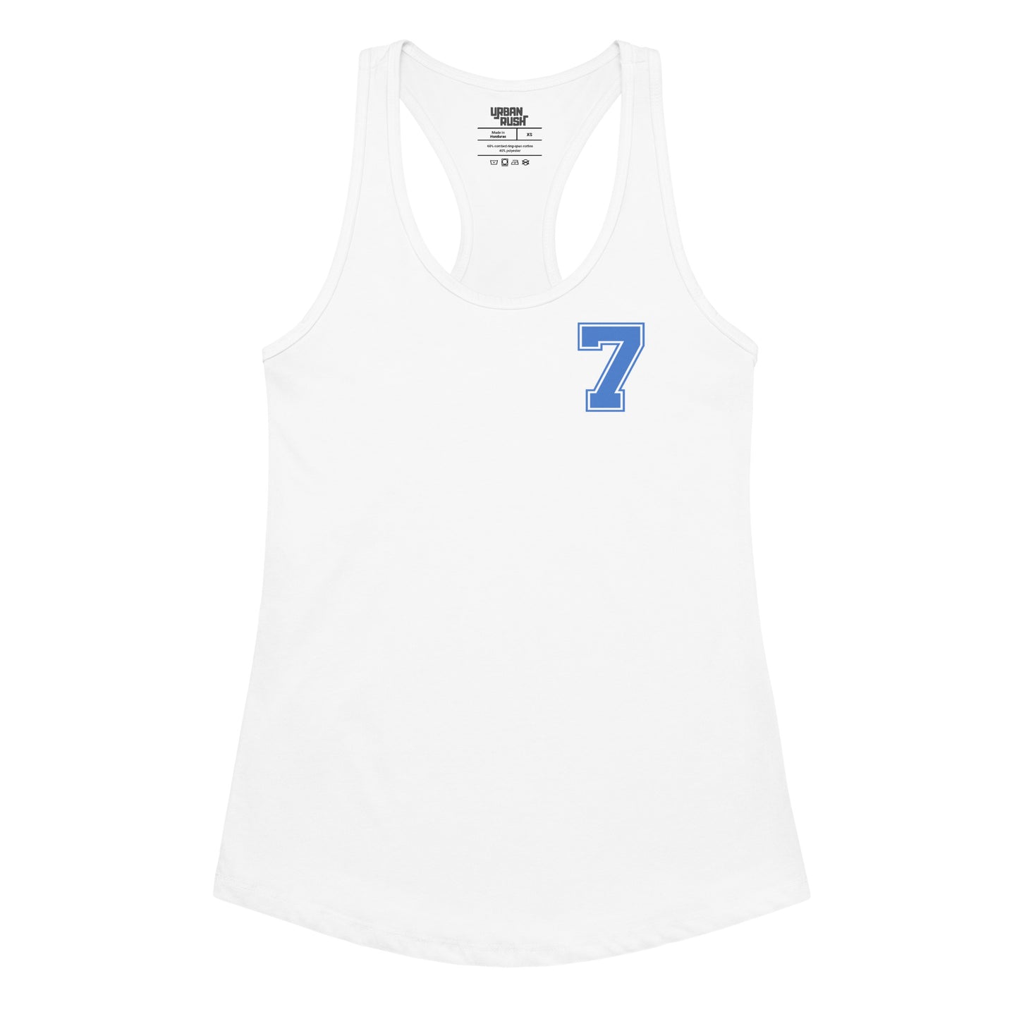 White tank top with blue number 7 on a white background