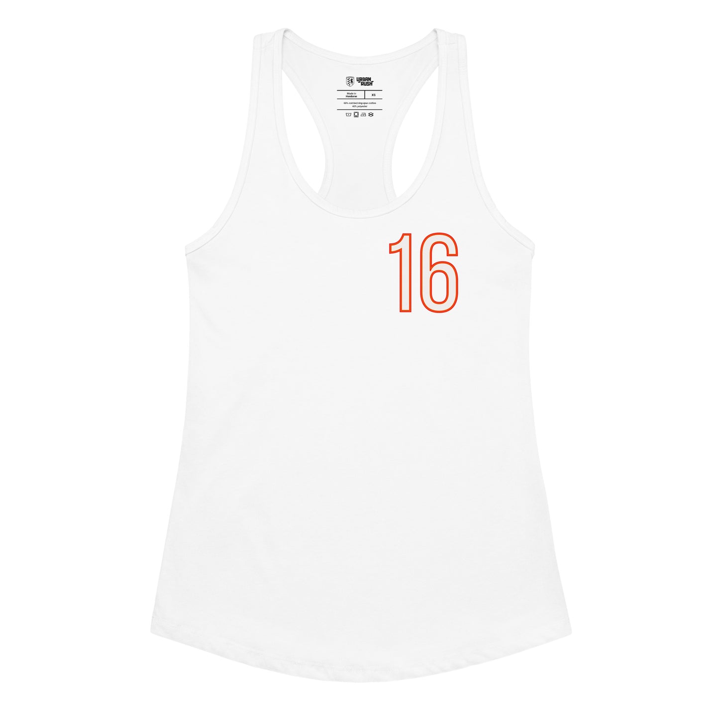 White tank top with red number 16 on a white background