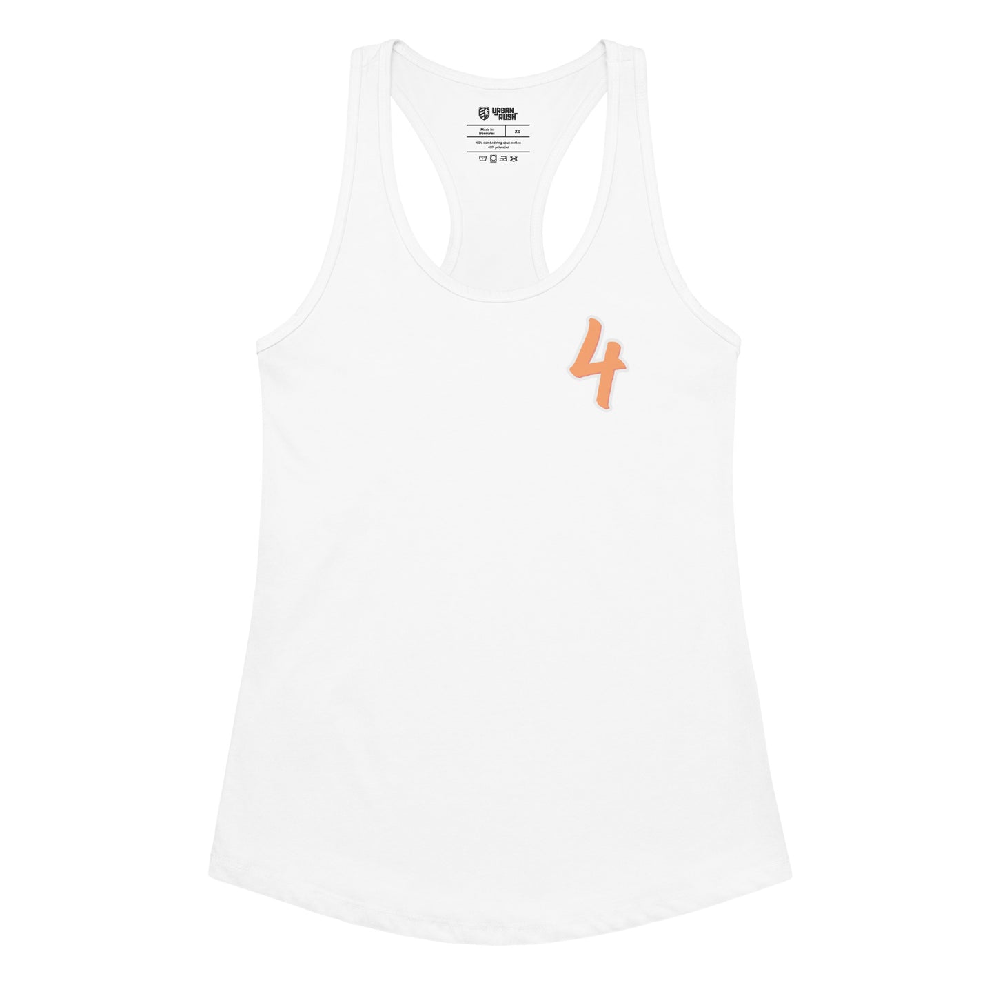 White tank top with an orange number four on a white background