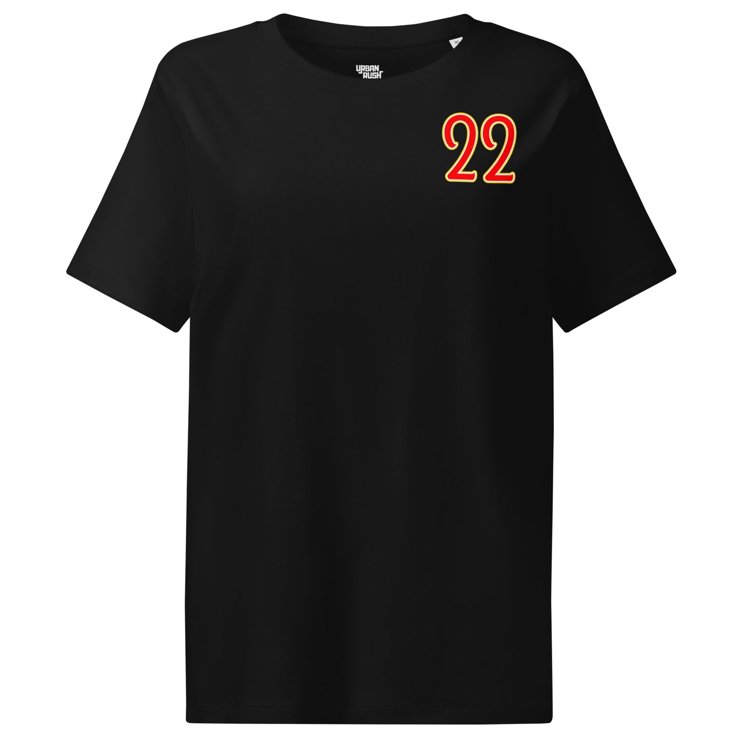 Black t-shirt with orange and yellow number 22 on a white background