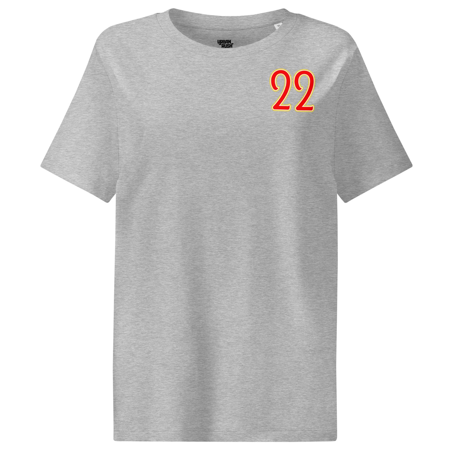 Gray t-shirt with red number 22 on a white background