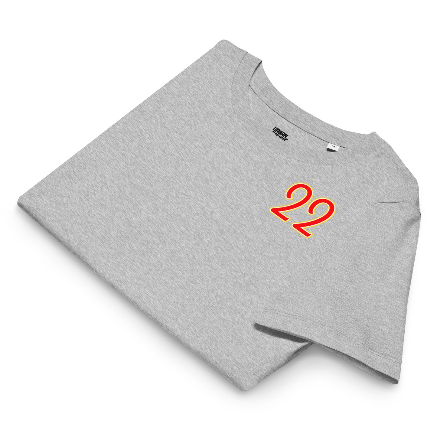 Folded gray t-shirt with red number '22' on a white background