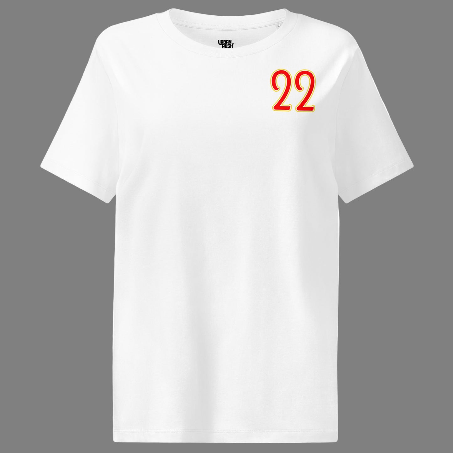 White t-shirt with red number 22 on a white background