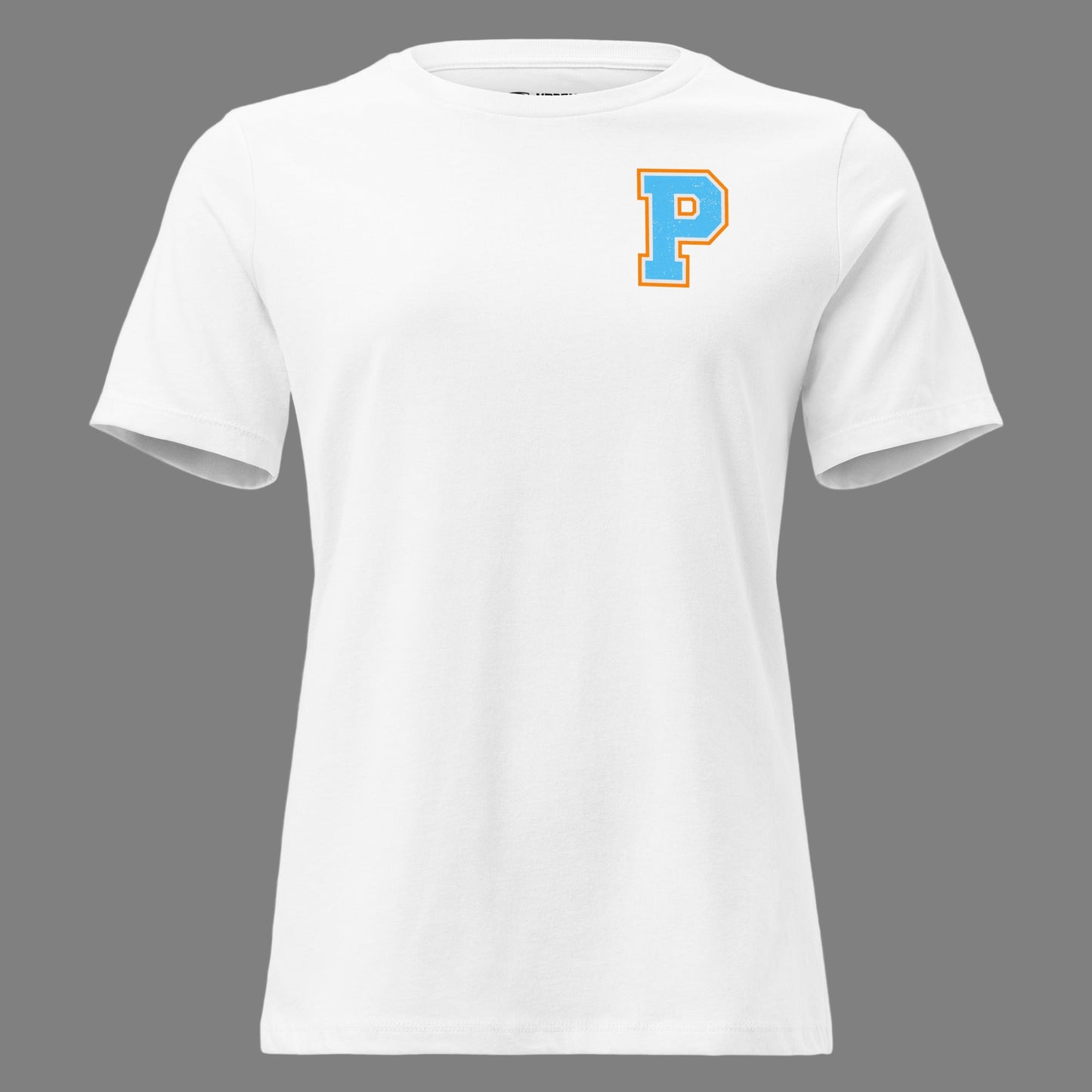 White t-shirt with a blue and orange 'P' logo on a white background