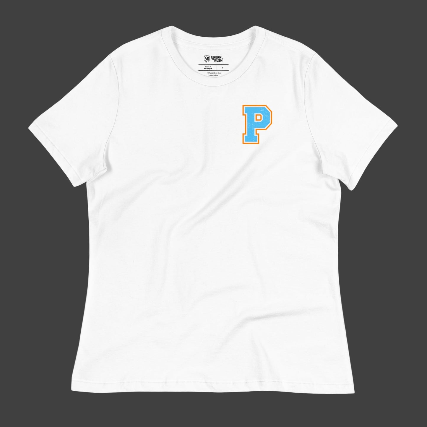 White t-shirt with a blue and yellow 'P' logo on a white background
