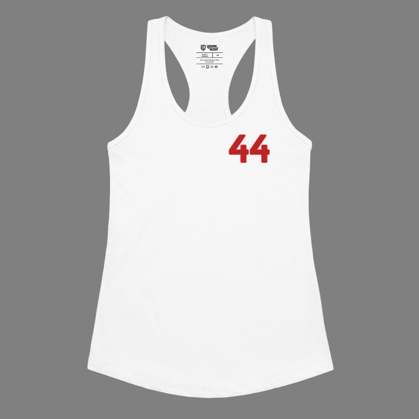 White tank top with red number 44 on a white background