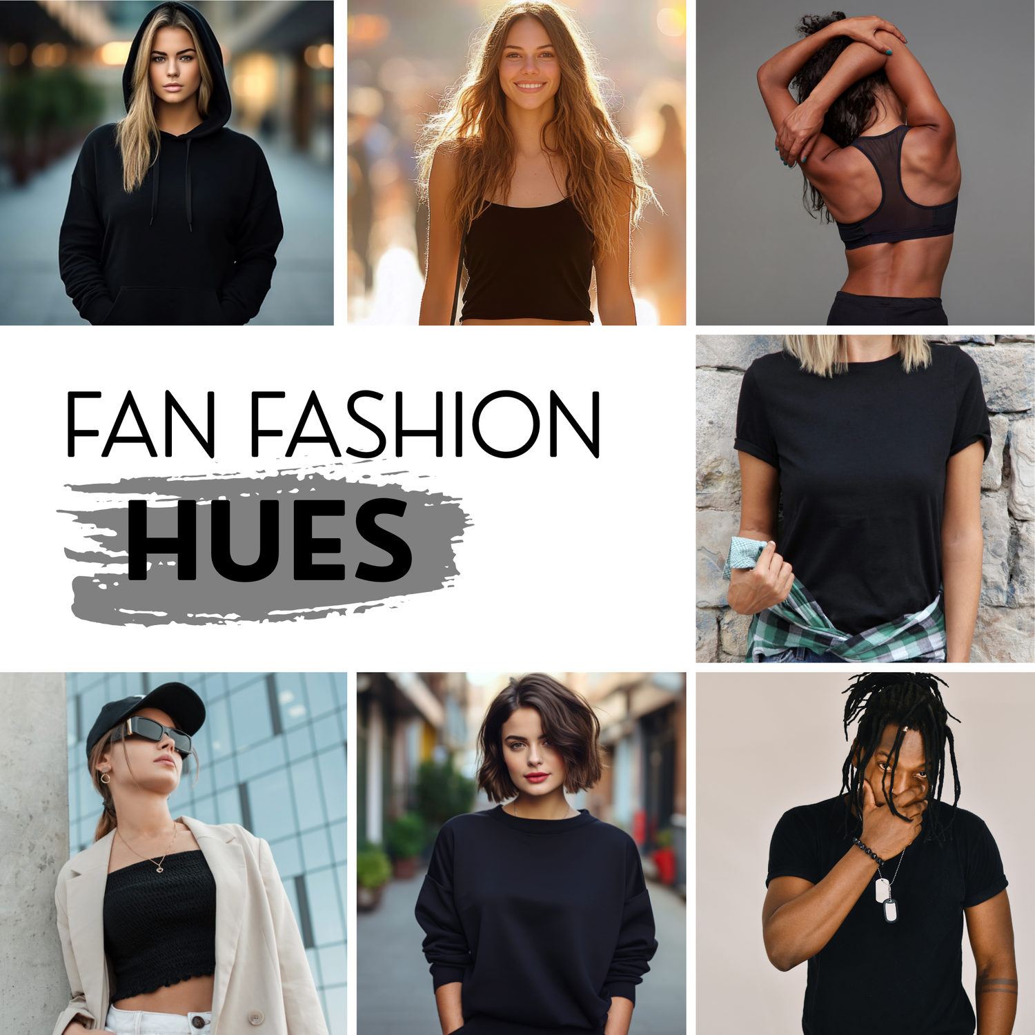 Collection of black colored clothing items on models.
