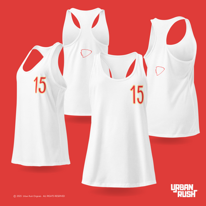 Four white tank tops with red numbers on a red background, featuring the Urban Rush brand.