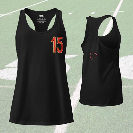 Black tank top with red number 15 on a green background