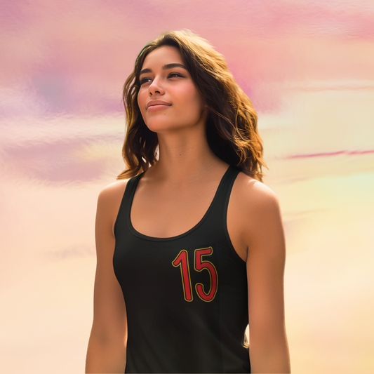 Woman wearing a black tank top with the number 15 on a colorful background