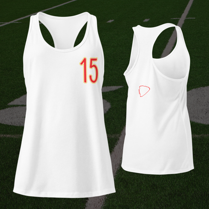 Two white tank tops with red numbers and symbols on a dark background