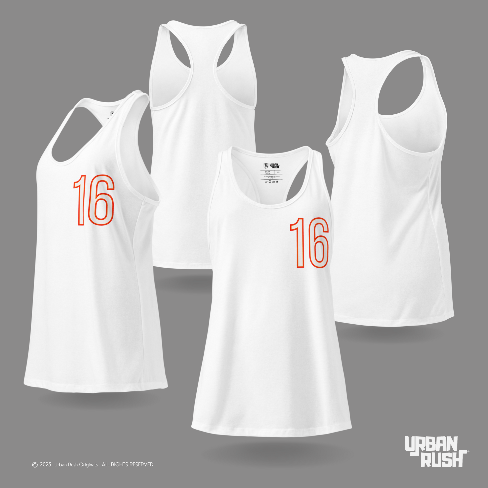 Four white tank tops with the number 16 in red on a gray background, featuring Urban Rush branding.