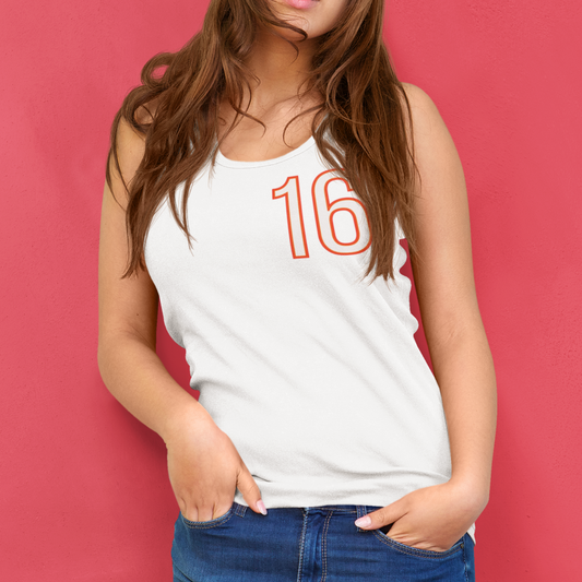 Person wearing a white tank top with the number 16 on a pink background