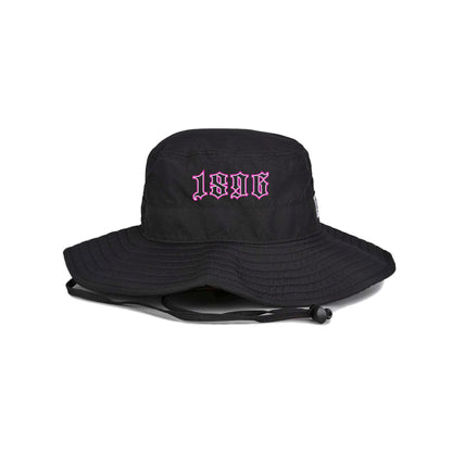 Black bucket hat with pink '1896' logo on a white background