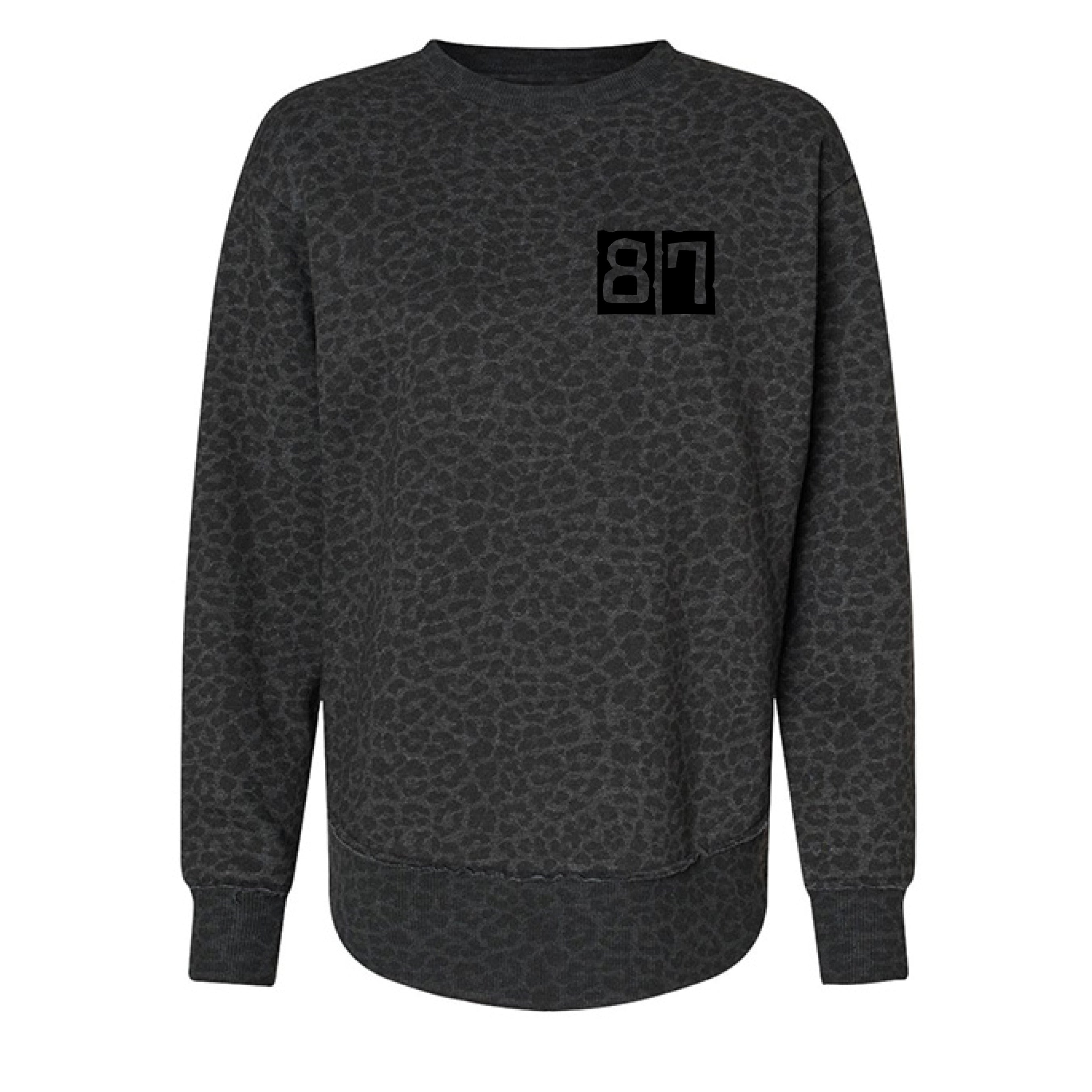 Dark gray patterned sweatshirt with a black logo on a white background