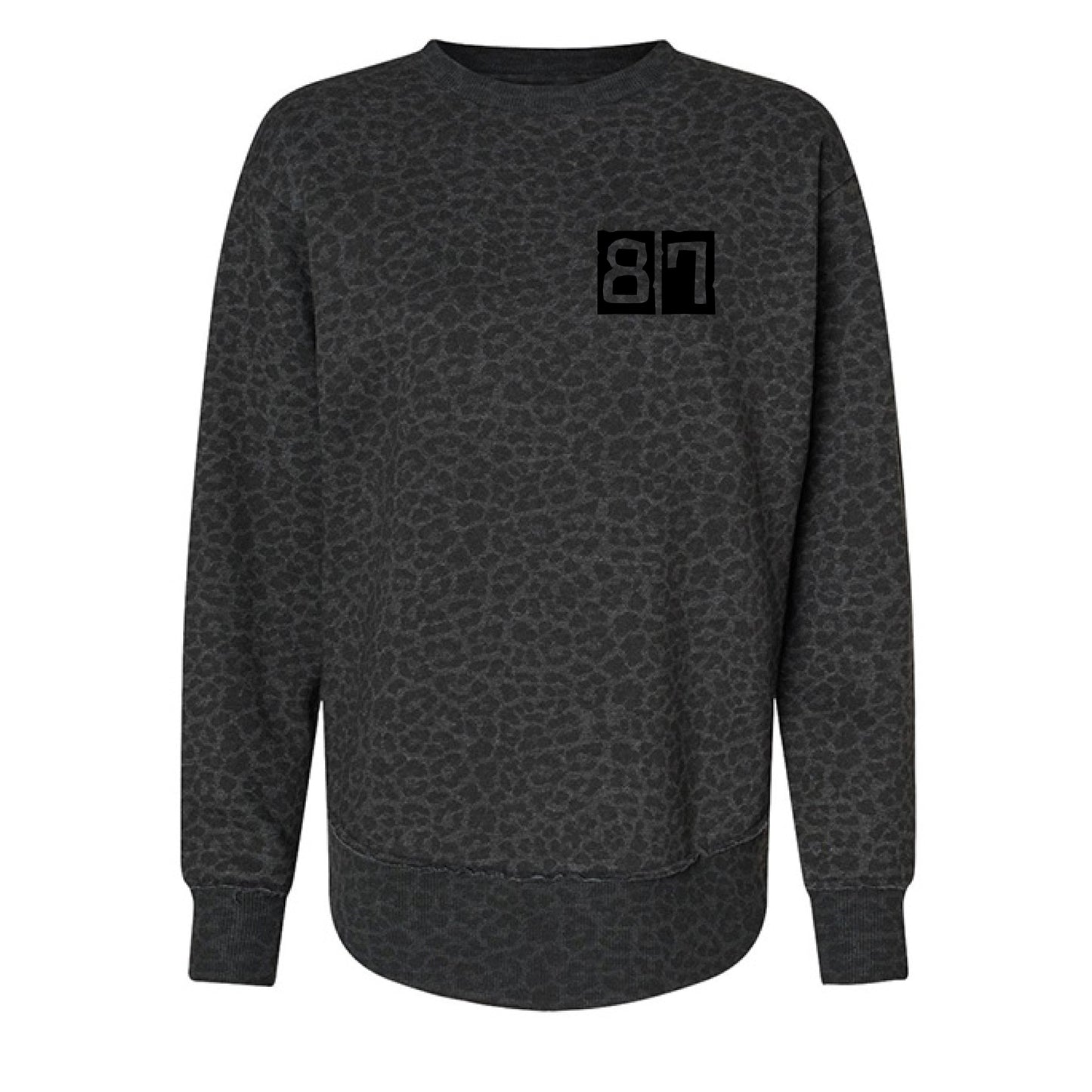 Dark gray patterned sweatshirt with a black logo on a white background