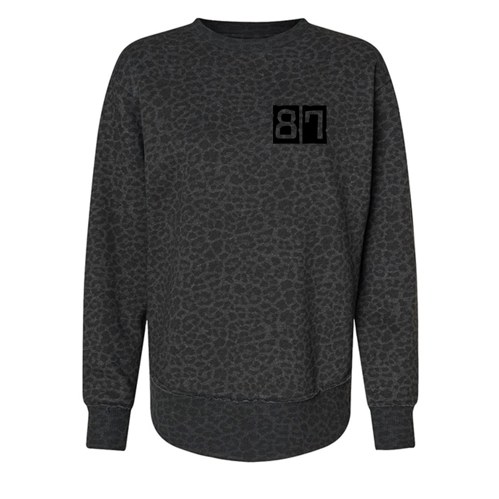 Dark gray patterned sweatshirt with a black logo on a white background