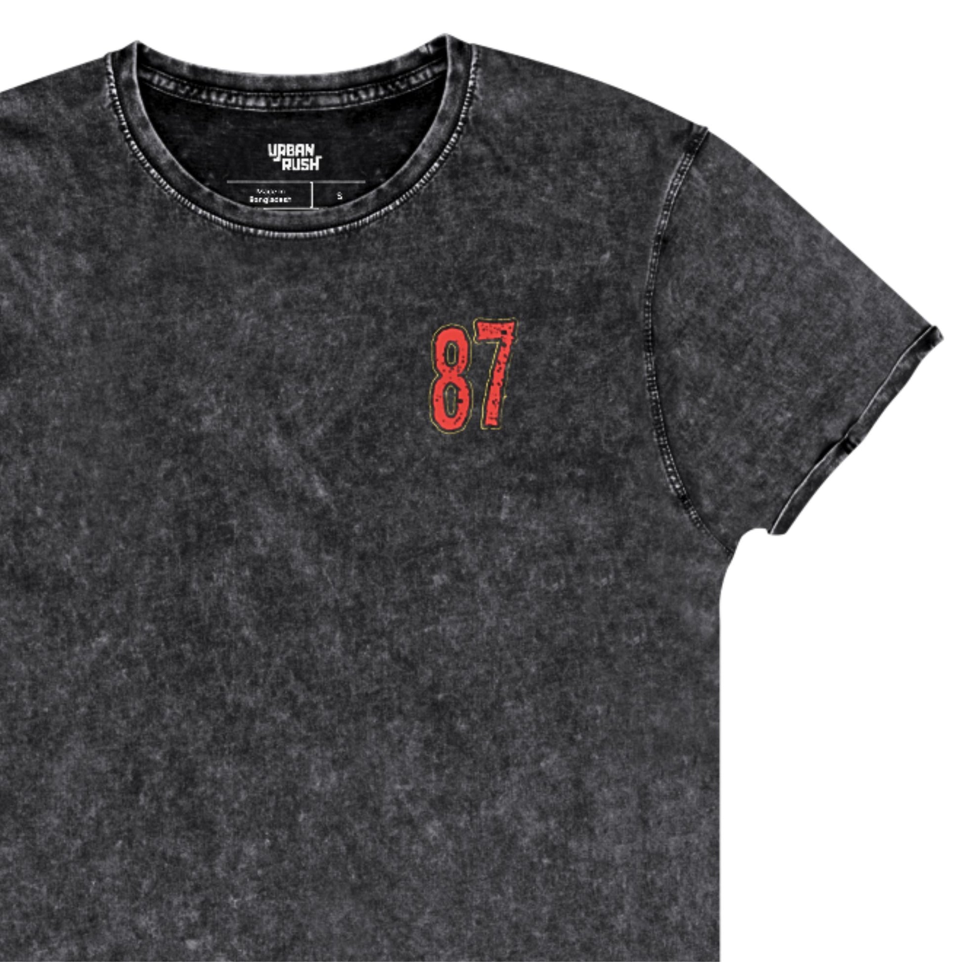 Black vintage style t-shirt with red 87 graphic.