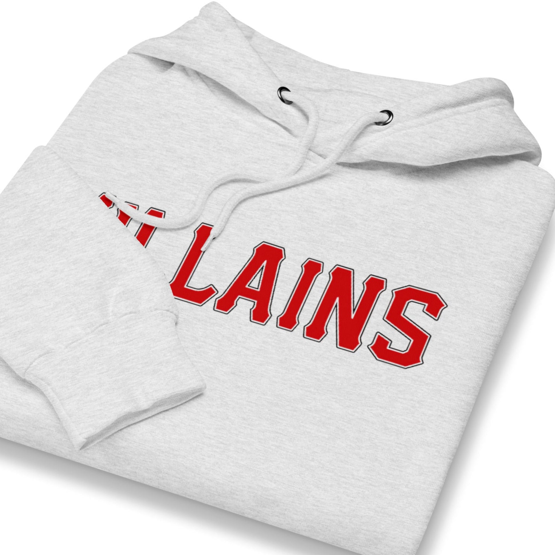 Folded light gray hoodie with red 'VILLAINS' on a white background