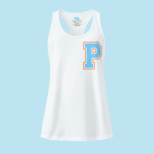 White tank top with a blue 'P' on a light blue background