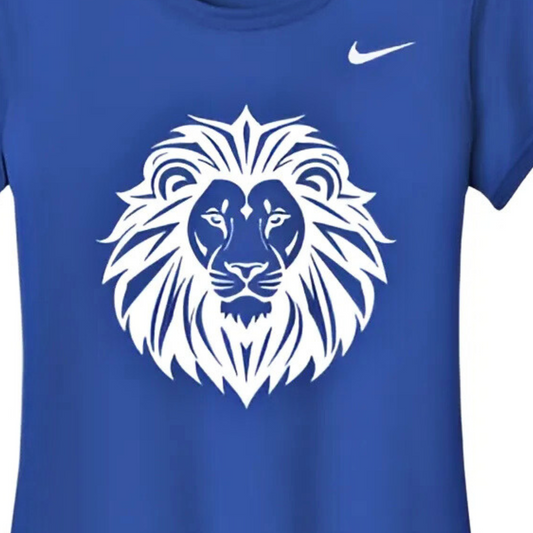 Blue t-shirt with a white lion graphic and Nike logo
