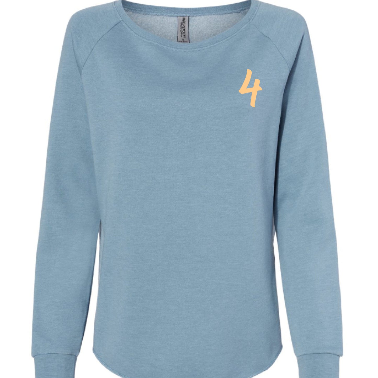 Blue sweatshirt with a papaya number 4 on a white background