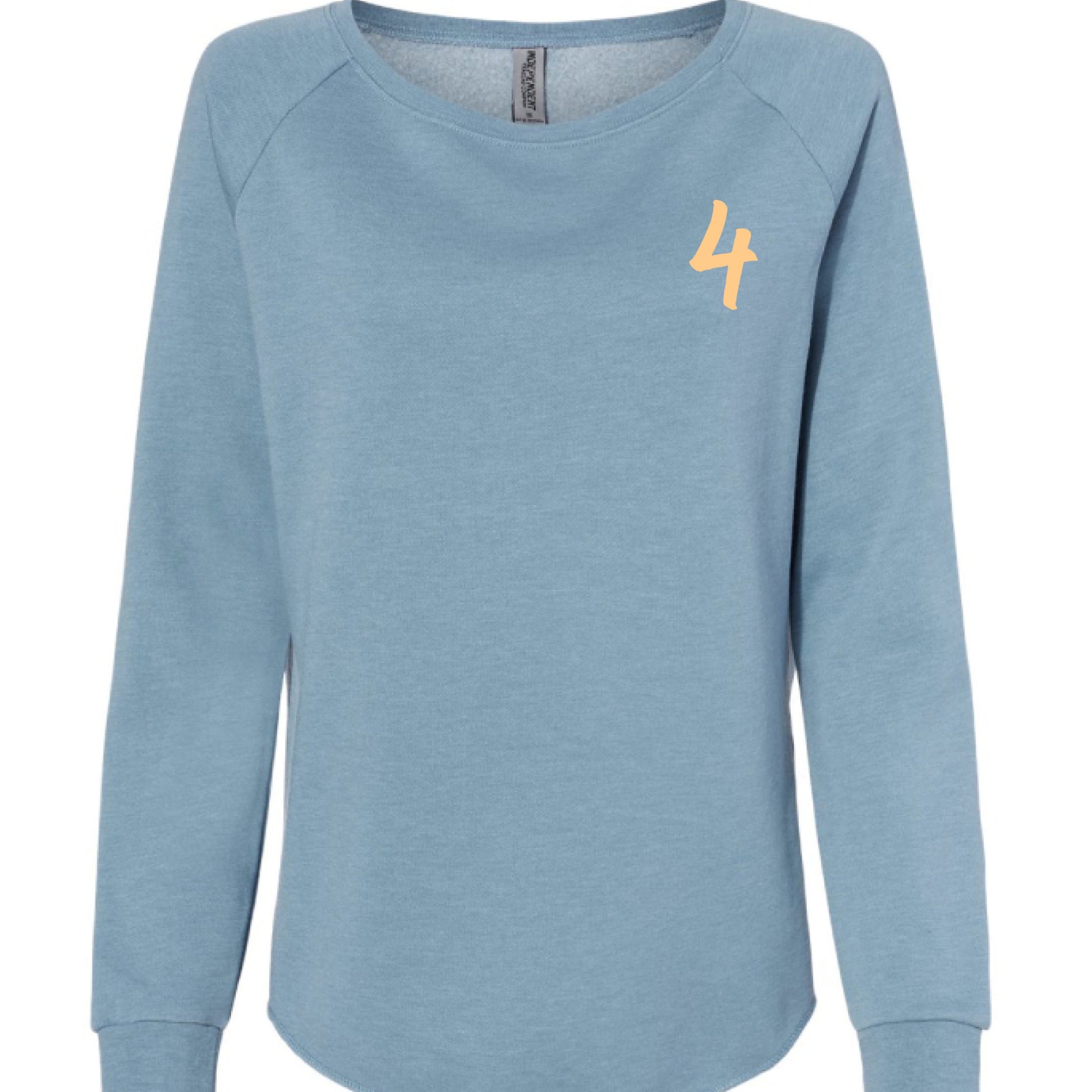Blue sweatshirt with a papaya number 4 on a white background