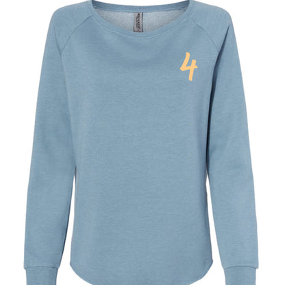 Blue sweatshirt with a papaya number 4 on a white background