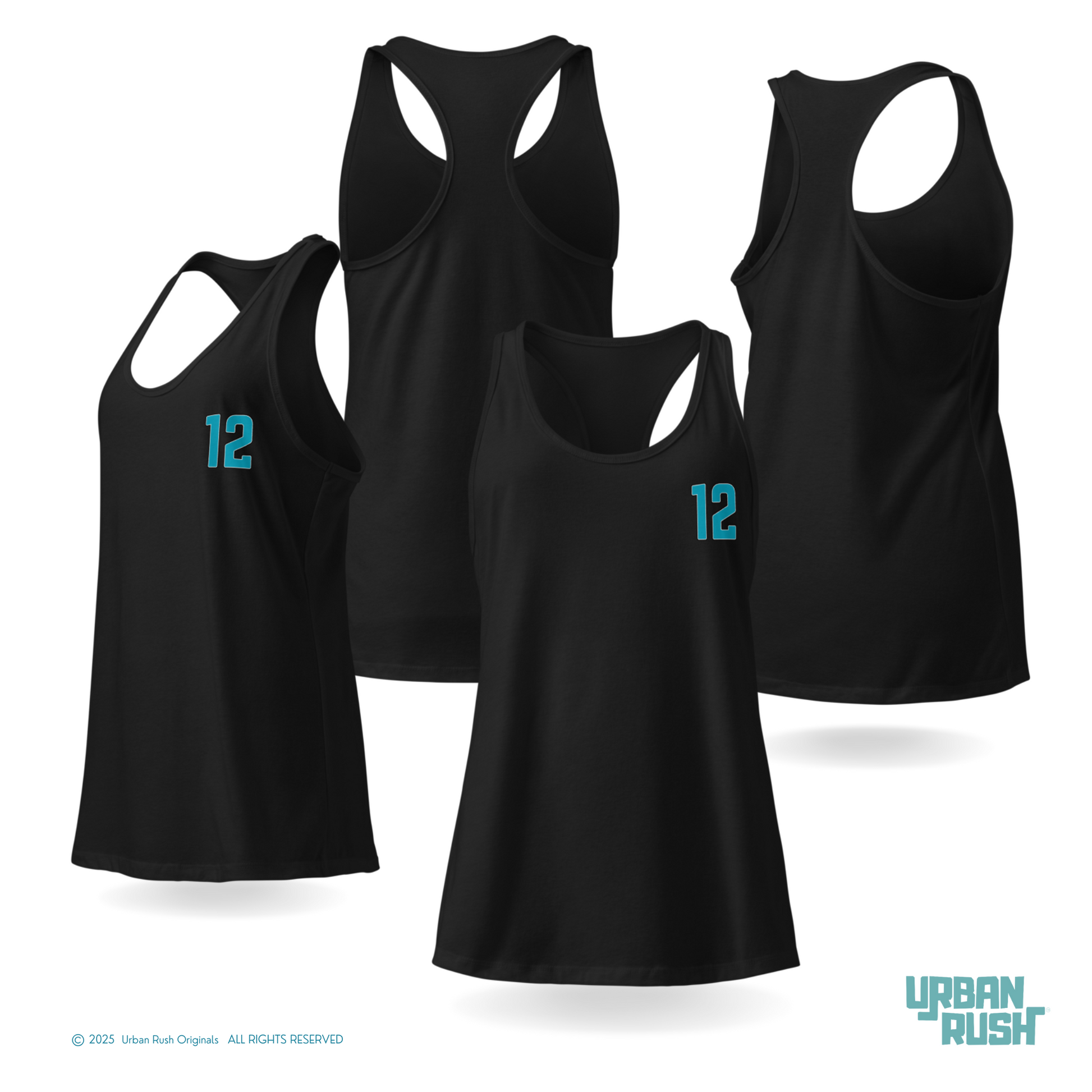 Black tank tops with number 12 printed on a white background, featuring Urban Rush branding.