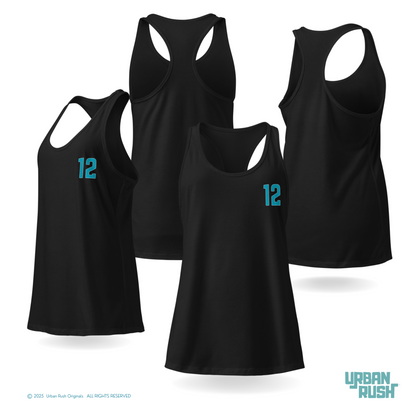 Black tank tops with number 12 printed on a white background, featuring Urban Rush branding.