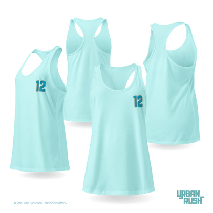 Light blue tank tops with number 12 on a white background, featuring Urban Rush branding.