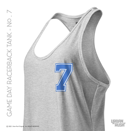 Gray racerback tank top with blue number 7 on a white background