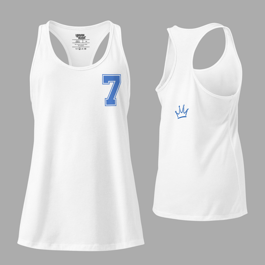 White tank tops with blue number 7 and crown design on a gray background