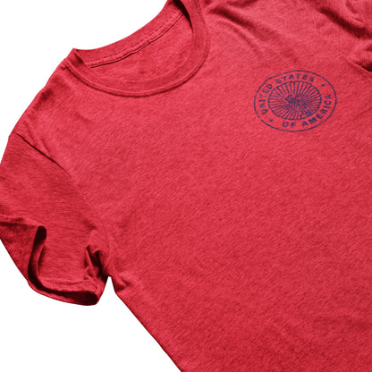 Red USA t-shirt with a blue circular logo on a white background