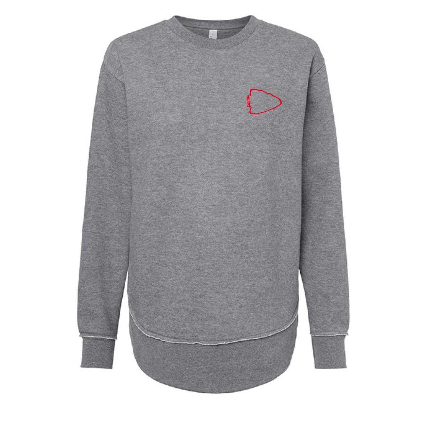 Gray sweatshirt with a red logo on a white background