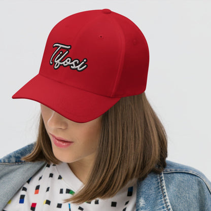 Model wearing a red 'Tifosi' embroidered hat.