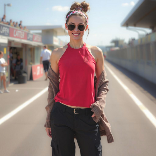 Woman in red halter top and sunglasses standing on a race track.