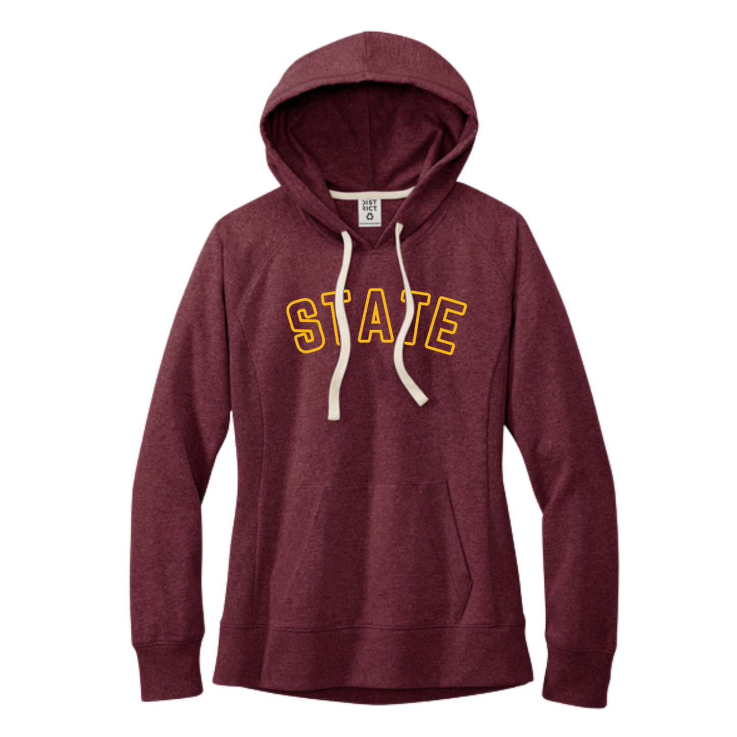 Maroon hoodie with 'STATE' printed in yellow on a white background