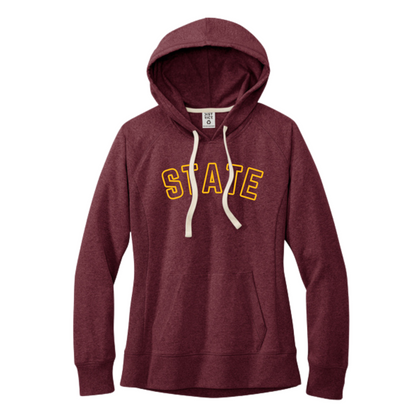 Maroon hoodie with 'STATE' printed in yellow on a white background