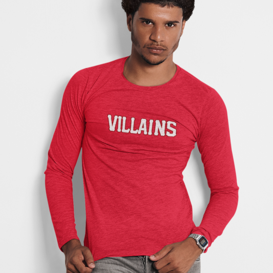 Man wearing a red long-sleeve shirt with 'VILLAINS' text on a white background