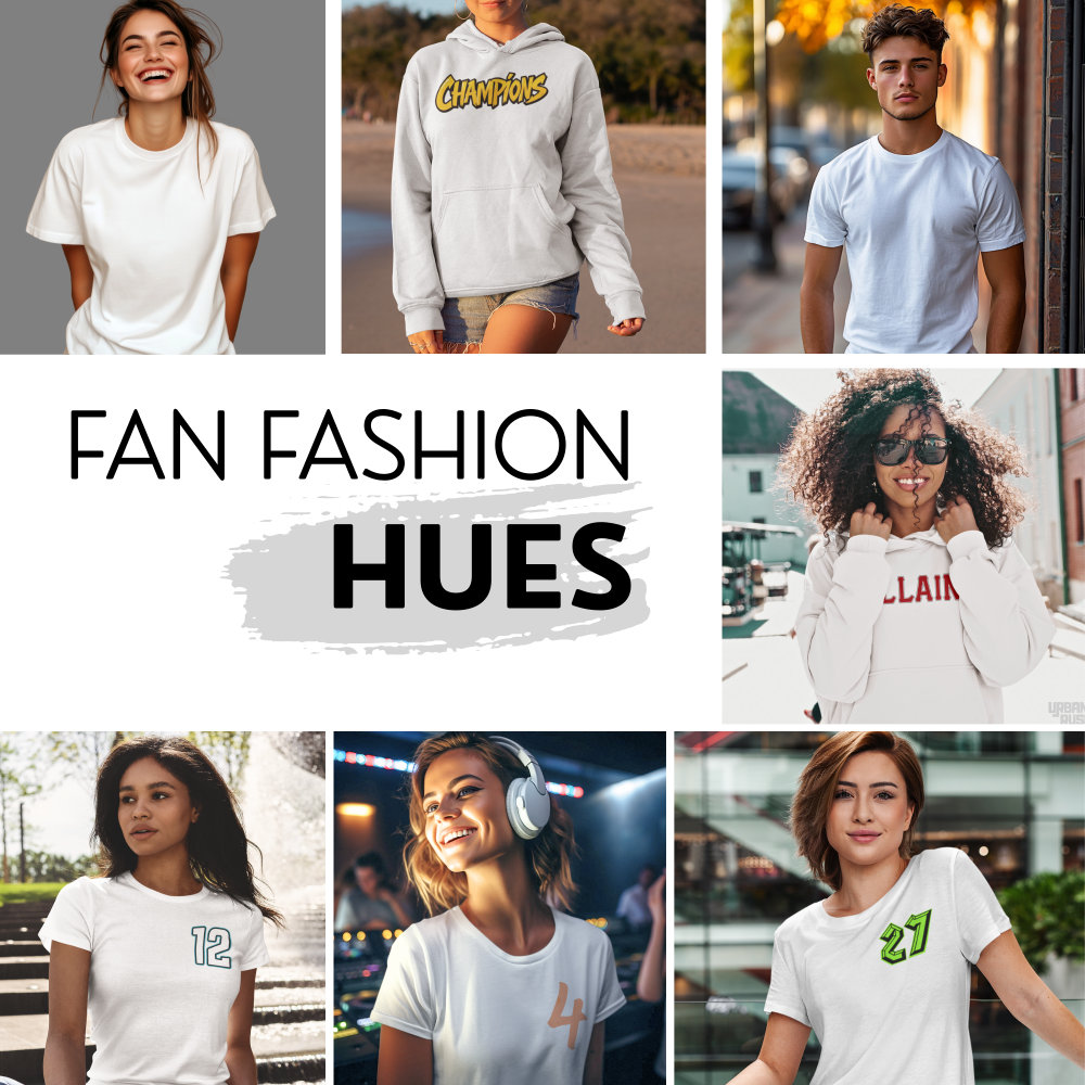 Collage of people wearing white t-shirts with various designs and text.
