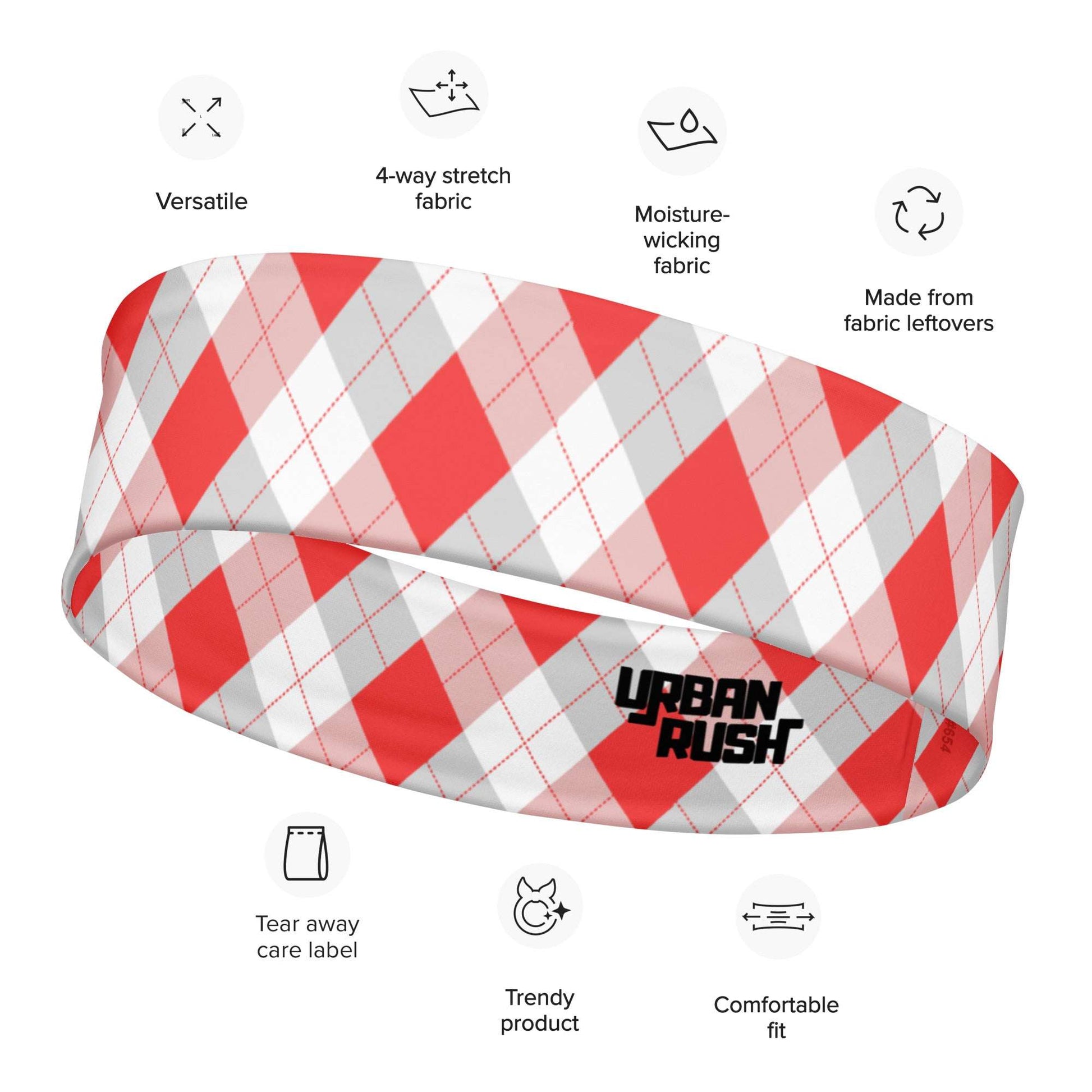 Red and Gray Argyle Print, Tifosi Race Day Stretchy Headband - Ferrari Fan Favs - Super Soft Fabric, UPF 50+, Moisture-Wicking, Quick Drying - Urban Rush Originals