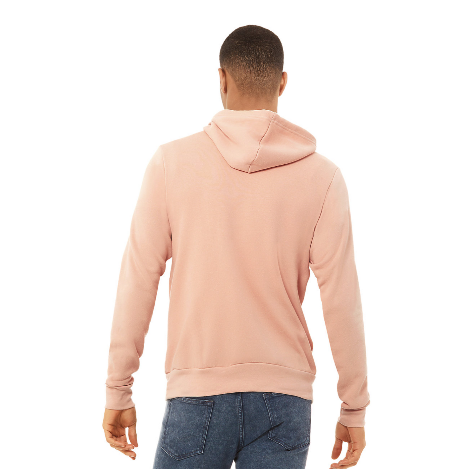 Person wearing a light pink hoodie on a white background