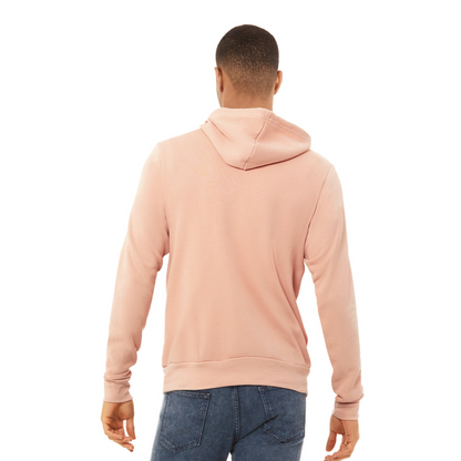 Person wearing a light pink hoodie on a white background