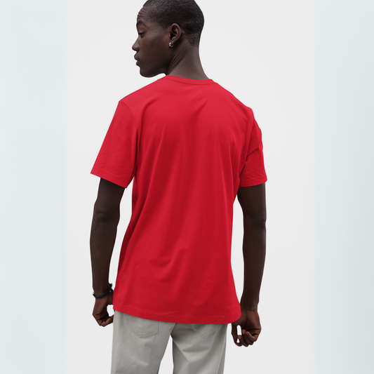 Person wearing a red t-shirt on a light gray background