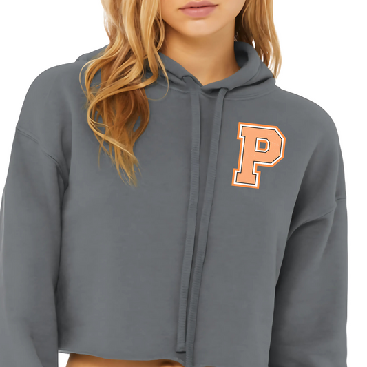 Gray hoodie with a large orange 'P' on a white background